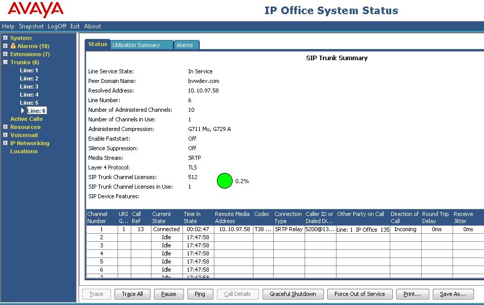 From the Avaya IP Office R10 Manager screen shown in Section 5.1, select File Advanced System Status to launch the System Status application, and log in using the appropriate credentials.