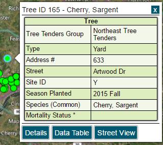 Updating Tree Checkers Information 1. Click tree point. 2. Use Site ID and Location notes (Details > Site) to confirm tree location. Street View is available for desktop use to confirm tree location.