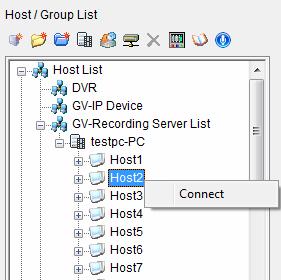 7 Connections with Clients 7. Right-click an IP device listed under the GV-Recording Server List and select Connect.
