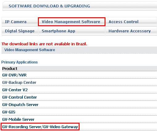 3. To install GV-Recording Server, select the Video Management Software tab, find the Primary Applications section and click the Download icon Recording Server / GV-Video Gateway. of GV- Figure 2-1 4.