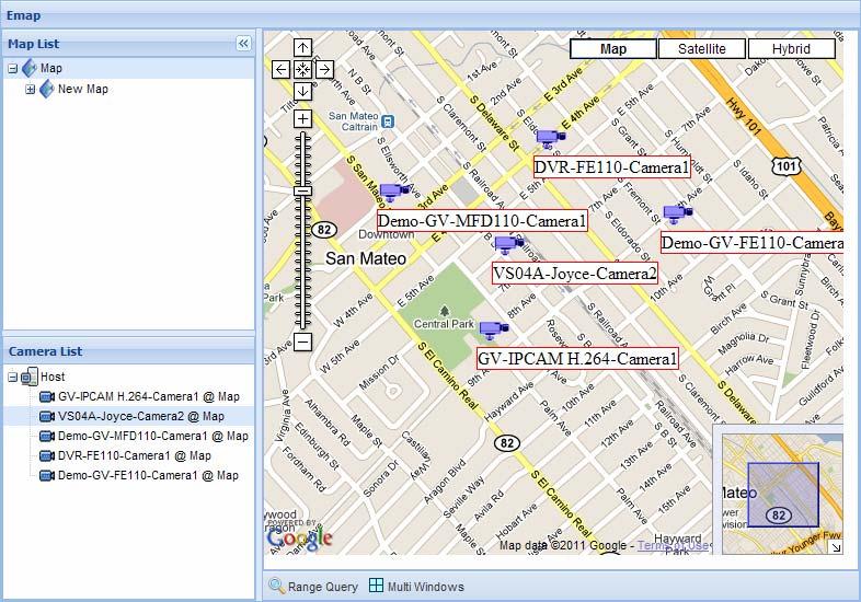 6.3 Emap Query In the left menu, expand Live View and select Emap Query to see the cameras locations on Google Maps and play the live images of the camera or the Google Street View of the location.