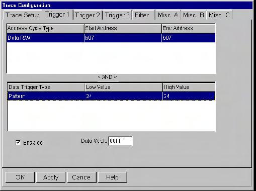 Chapter 5 Nohau EMUL12D-PC: The Trace and Triggers: Figure 7 Trigger 1 Configuration 7) In the Trace Configuration menu as shown in Figure 7, enter 00FF in the Data Mask field.