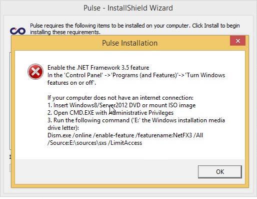 Installing.NET Framework on Windows Server 2012 If the following message is displayed during the Pulse installation, follow the steps below. 1 Go to the Control Panel and then click Programs.