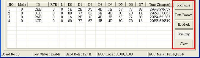 Data Format: In this function, user can set what kind of format (such as hexadecimal, decimal, or ASCII) the CAN message with specific ID will be displayed on the reception list.