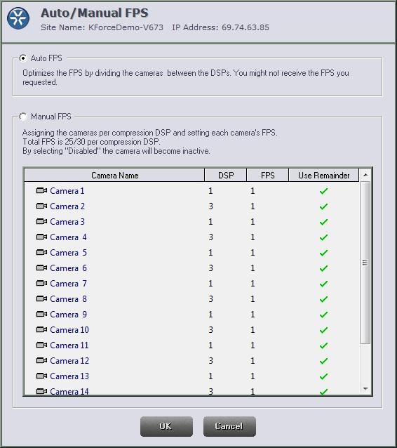 Configuring Auto/Manual FPS (Frames Per Second) NOTE: This feature is only available if you select a Kollector from the Setup Site Selection window.