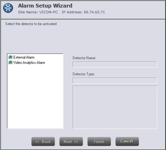 5. Click. The first step of the Alarm Setup Wizard window is displayed, where you select the detector for which you want to set up an alarm link.