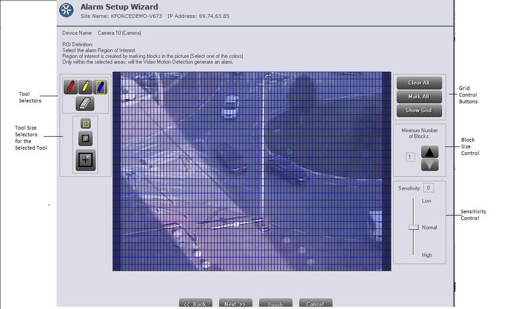 10. If you selected VMD - Video Motion Detection, the Select Alarm Region of Interest window is displayed, which enables you to define the regions of interest (ROIs) for which VMD should trigger