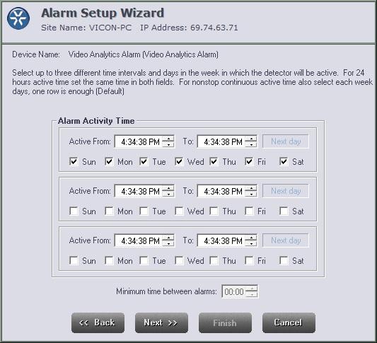 11. When you have finished defining grids and VMD sensitivity for the selected camera, click. 12. The Alarm Setup Wizard window is displayed, where you define the time schedule for the macro. 13.