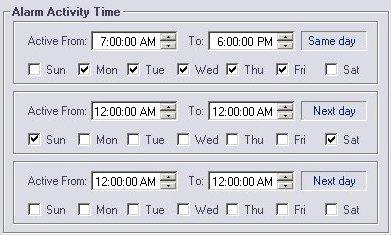 The following example shows an alarm activity time scheduled: From 7:00 AM to 6:00 PM, on Monday to Friday,