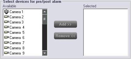 4. In the Select devices for pre/post alarm area, select the devices from the Available area that you want to be affected by the pre alarm and post alarm settings and click to add them to the