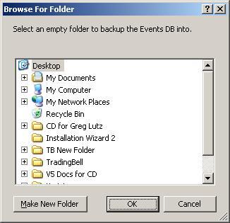 Select an empty folder in a location on the PC to save the backup Events database. Click OK. 29. To restore the database, select.