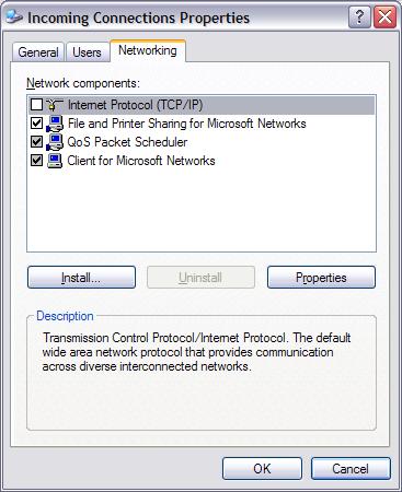 To set up the IP address: 1. Repeat steps 1 through 3 in the previous procedure to open the Network Connections window. 2. Right-click Incoming Connection and select Properties from the shortcut menu.