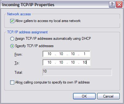 The Incoming TCP/IP Properties window is displayed: 4. Select the Specify TCP/IP addresses radio button and in the From and To fields, enter the range of IP addresses.