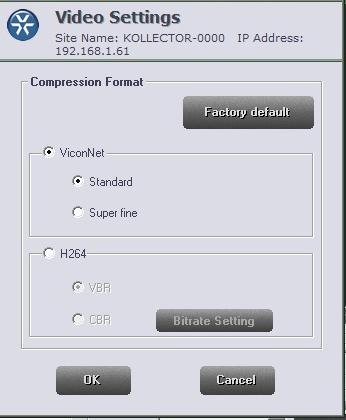 5. To select the compression method for all cameras, select the button. The following screen will display. 6. Select either ViconNet proprietary compression algorithm or H264.