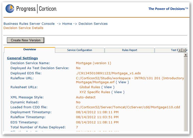 Decision Service Details We can see the details of