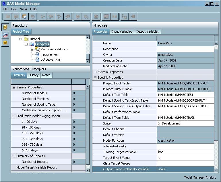 98 Chapter 7 Tutorial 6: Using Advanced SAS Model Manager Features Create a Version Create the version for the project.