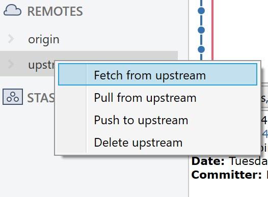Fetch from the upstream repo 1. From Source, in the left pane, expand REMOTES. 2.
