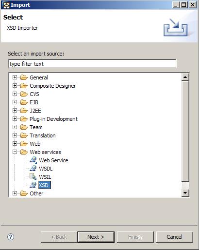 SOA EXPERIENCE WORKSHOP 4 7. Choose Web services XSD as the import file type and click Next.