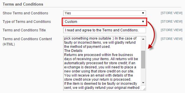 In Type of Terms and Conditions field, select System if you want to show the existing content of your terms and conditions in system.