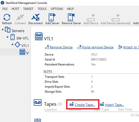 22. Once the VTL device is created, the tapes can be added. To do this, select the VTL device and click the Create Tape button located in the Tapes section.