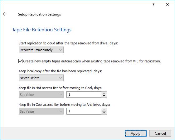 41. Specify Tape File Retention Settings and click Apply. You can also select Create new empty tapes automatically when the existing tape is exported for replication.