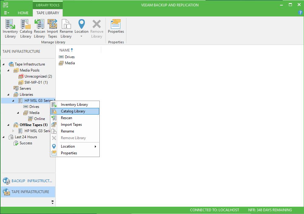 88. In the Veeam B&R console, navigate to Tape Infrastructure, right-click the tape library device, and choose the