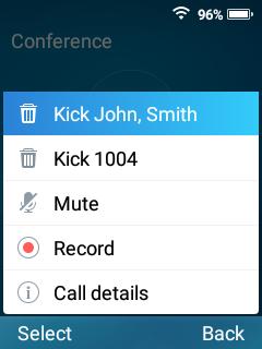 2. Use the navigation key to select the conference member you want to kick. 3. Press OK key to confirm. End a conference Press the key to end a conference. Mute/Unmute 1.