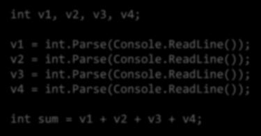 First Programs 7-Oct-13 Rob Miles 23 Adding 4 numbers int v1, v2, v3, v4; v1 = int.parse(console.readline()); v2 = int.parse(console.readline()); v3 = int.parse(console.readline()); v4 = int.