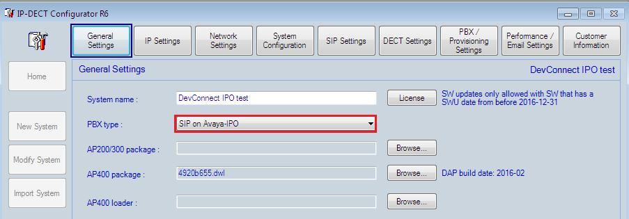 Click on the General Settings tab and enter the information on the main window. Enter a suitable System Name and ensure the PBX type is set to SIP on Avaya-IPO.