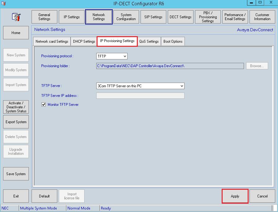 Click on Network Settings at the top of the page and within this tab select the IP Provisioning Settings tab to check the TFTP details.