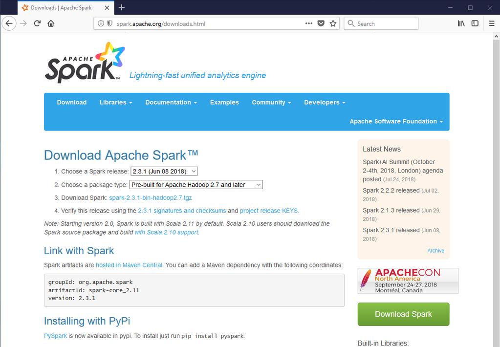 (4) Install Spark Open a browser and navigate to https://spark.apache.org/downloads.html Download Spark by clicking the link: After download, verify the integrity of the.