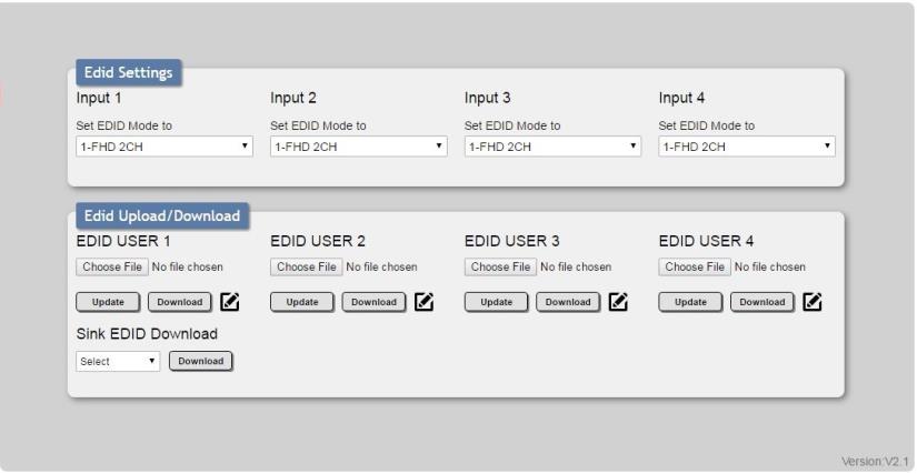 EDID Settings Tab This matrix provides the option of six built in EDIDs, four sink sourced EDIDs and four users uploaded EDIDs that can be assigned to each input port