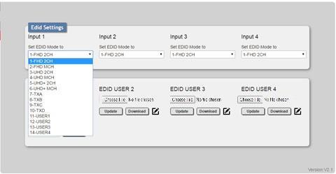 EDID Selection: The EDID Settings section allows for the assignment of an EDID to each individual input port. Select the preferred EDID from each dropdown menu.