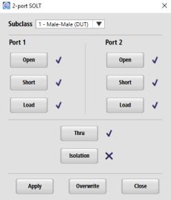 17. Connect the Thru standard of the calibration kit between Port 1 and the N(f) to N(f) adapter, as depicted below. 18. In the 2-Port SOLT dialog box, click Thru. 19. Click Apply.