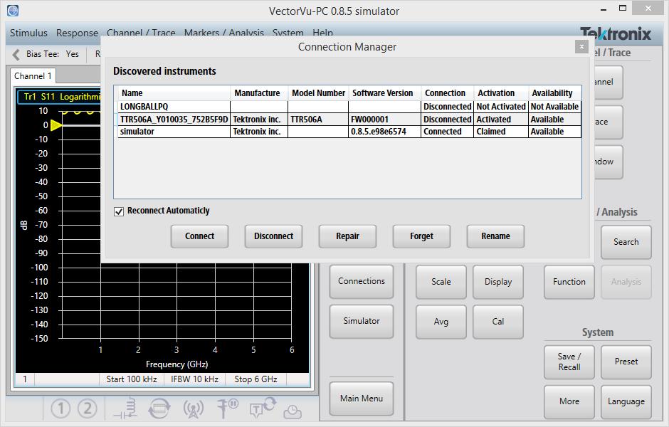 TekVISA is NOT necessary to run VectorVu-PC with TTR500. Connect VectorVu-PC to the VNA a) Open VectorVu-PC.