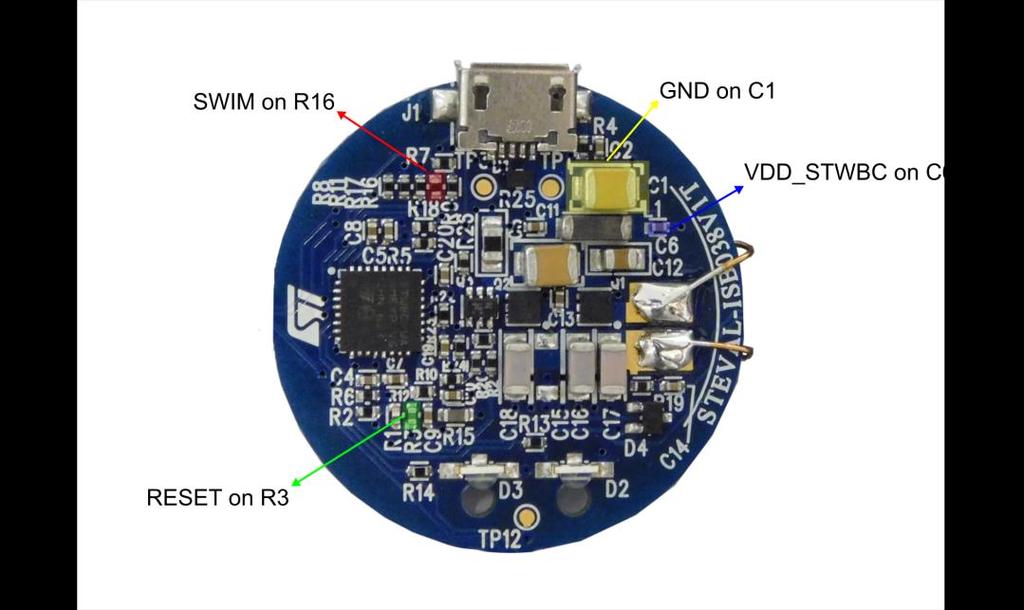 Download procedure UM2099 5 If the debug section of the board with the SWIM connector has been removed, you can wire the SWIM, RESET and VDD_STWBC signals from R16, R3 and C6, respectively.