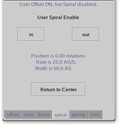 1102 T3Remote Version: 2017-08-09 7. (User) Spiral Tab The Spiral Tab allows the observer to spiral the telescope. The spiral RA and Dec offset are place the the User Offset.