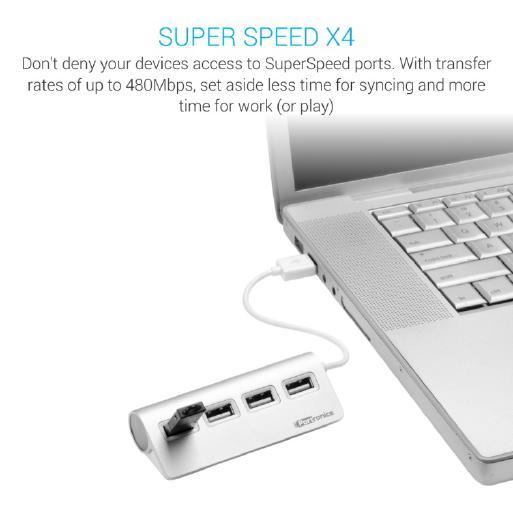 Connectors M PORT 24 USB 2.0 Aluminum Hub With 4 Ports Expand your computer with up to 4 USB 2.0 ports. Backwards compatible with usb 2.0 and USB 1.1 devices. Transfer rates of up to 480Mbps.