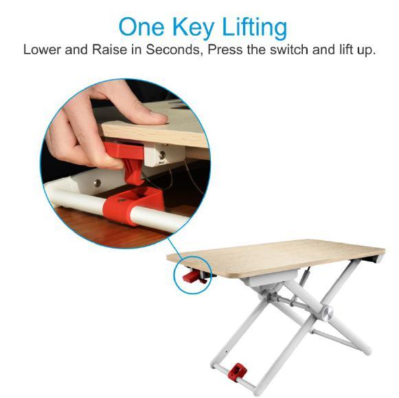This sit down or stand up office desk adjusts from sitting to standing position in seconds with the spring assisted hand levers and a hydralic piston.