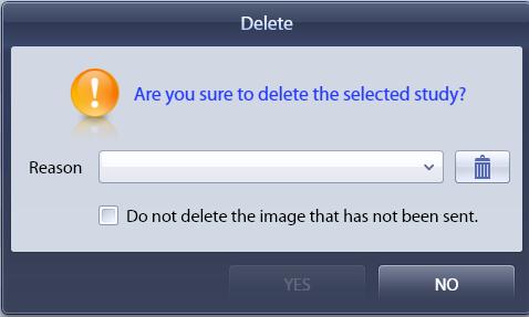 6.2.4 Delete 1 Select a patient you want to delete from the Study List and click Delete. 2 The Delete Confirmation Dialog Box will be popped up. YES : Delete the selected study.