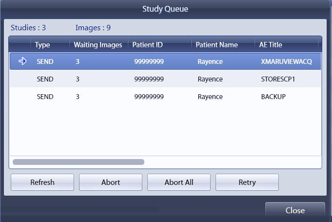 6.2.12 Queue Show the transmission status of study. 1 2 3 4 5 6 7 < Figure 42 Queue > 1 2 3 4 It shows the number of all studies and images that are currently being transmitted.