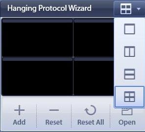 6.3 Hanging Protocol Wizard < Figure 44 Hanging Protocol Wizard > Compare all selected studies on a single screen. 6.3.1 Layout < Figure 45 Layout > Determine the layout of the Hanging Protocol Wizard.