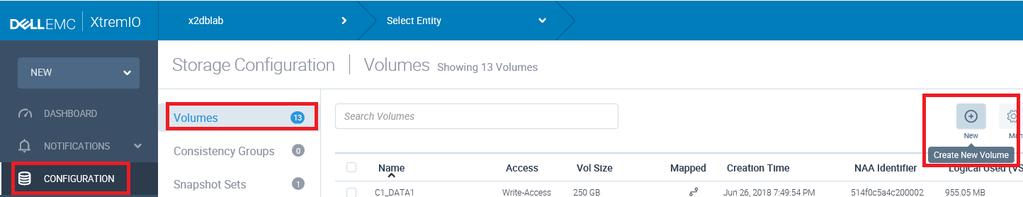 From the XtremIO Management GUI, select Configuration Volumes and click New to start the wizard. Figure 21.