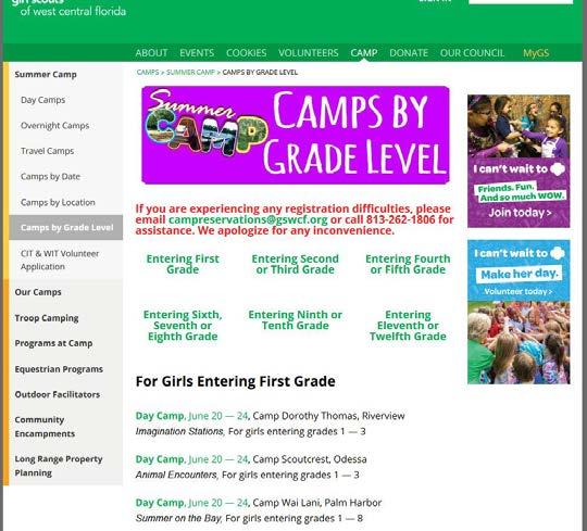 The Camps by Grade Level page gives you options to view camps by which grade the girl is entering.