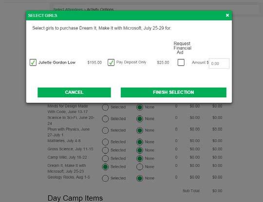 Once you select the session, a box will pop-up for you to select the camper and payment options.