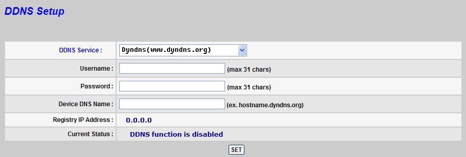 Figure 14: DDNS Setup Screen< 二 > DATA - DDNS Setup Screen DDNS SETUP DDNS Server Username Password Device DNS Name Registry IP Address Current Status Button Set Disable DDNS Server or select a DDNS