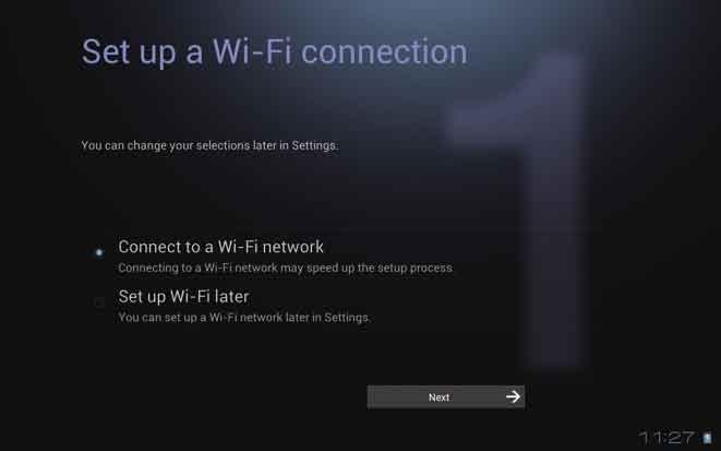 When the Restart option appears, tap [Restart]. Tap [Connect to a Wi-Fi network] then [Next ].