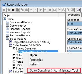 Quick Navigating between Report Manager and the Administrator Tool The Data Container that a report is running from can be viewed from within the Report Manager module.