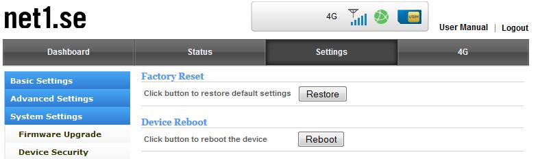 Remote upgrade can be turned off Reset & Reboot On this page the router can be soft rebooted or have its settings restored to default.