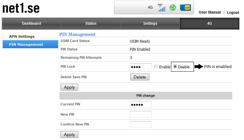 PIN Management On this page settings for the SIM-card PIN-code features can be configured.